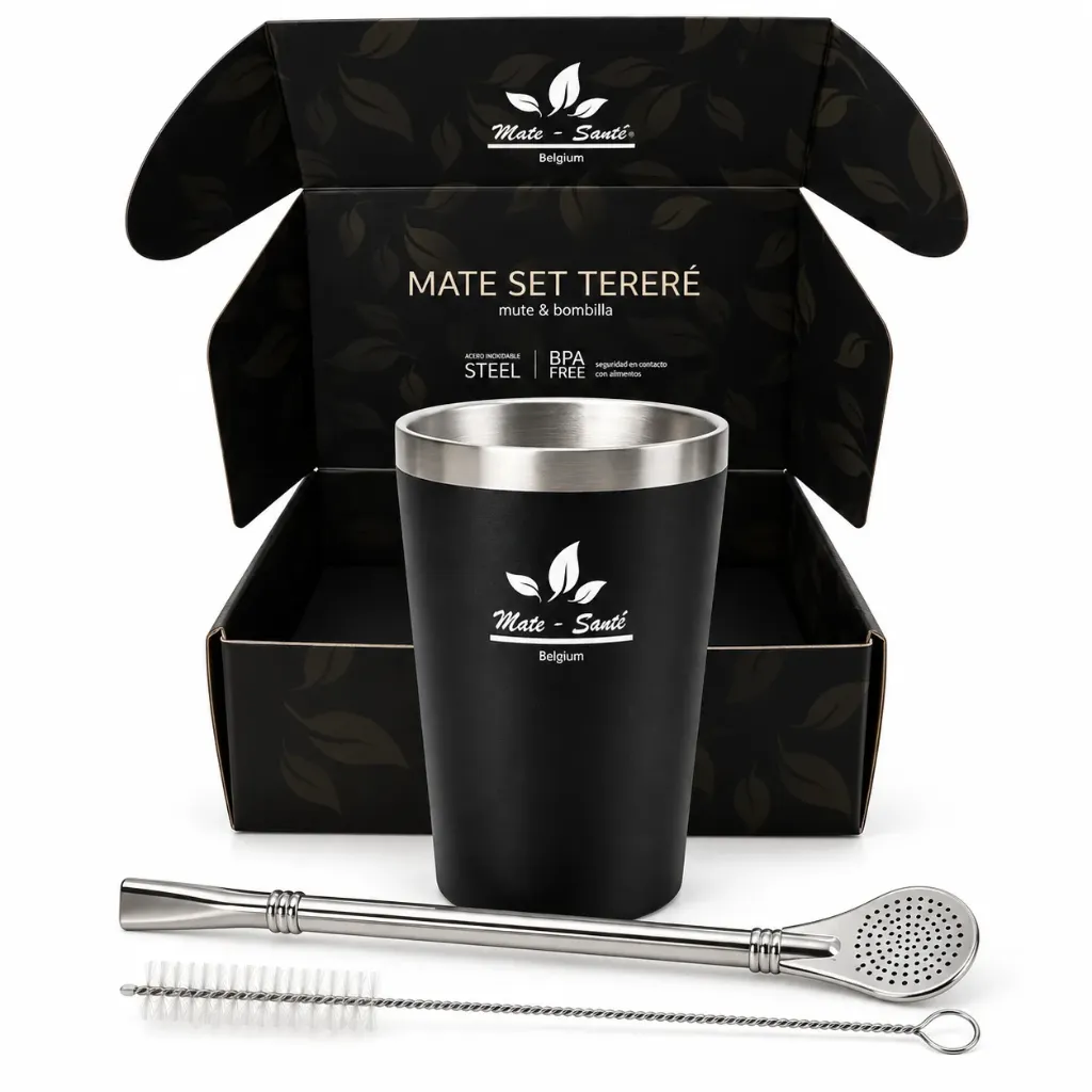 [mpk09537] Set Terere NEGRO (vaso, bombilla, cepillo) acero inox -Mate-Sante