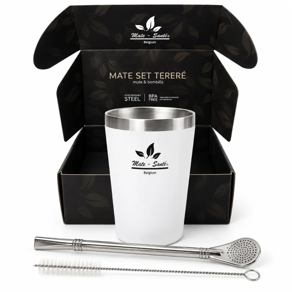 [mpk09538] Set Terere BLANCO (vaso, bombilla, cepillo) acero inox -Mate-Sante